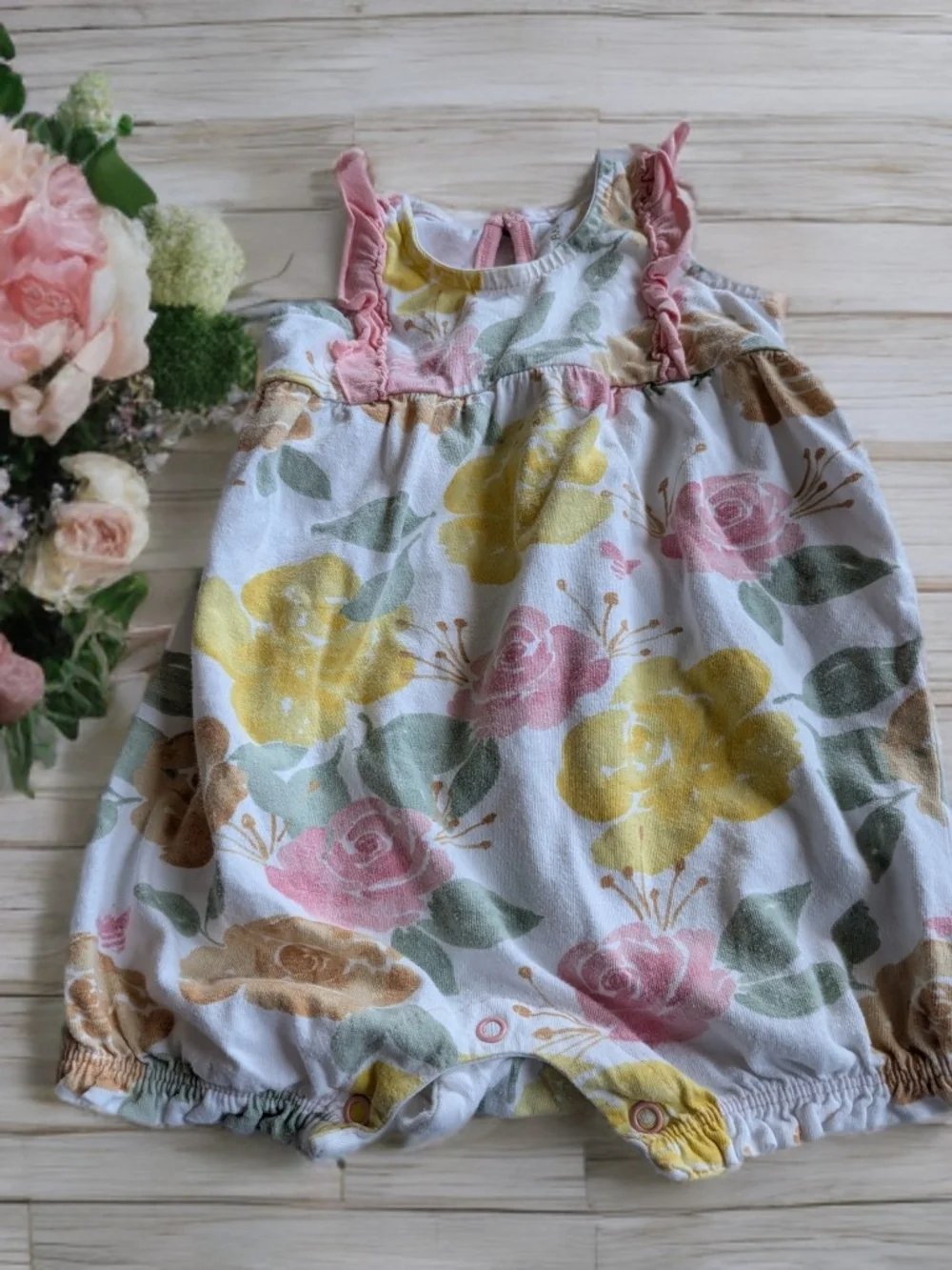 Burt's Bees Baby Floral Romper in Yellow, Pink, Green